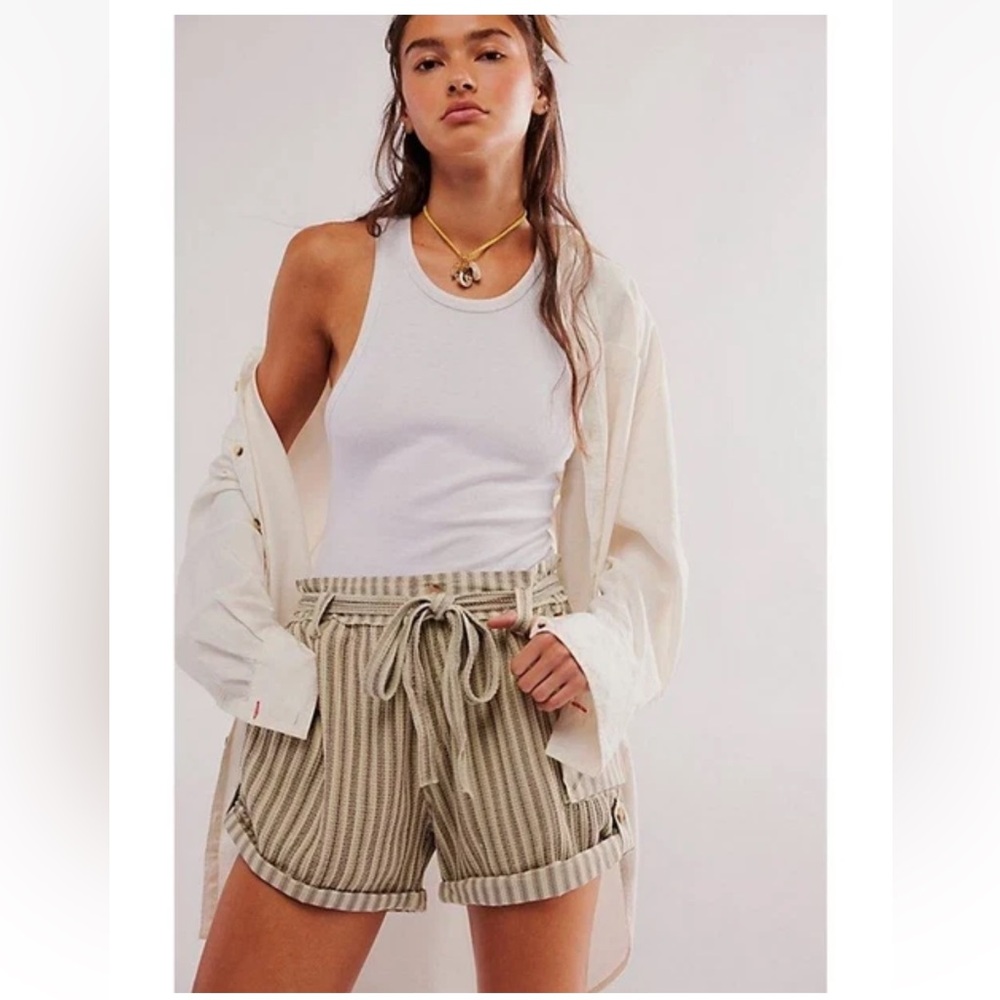 Free People Striped High-Waist Tie-Front Shorts - Beige/Olive